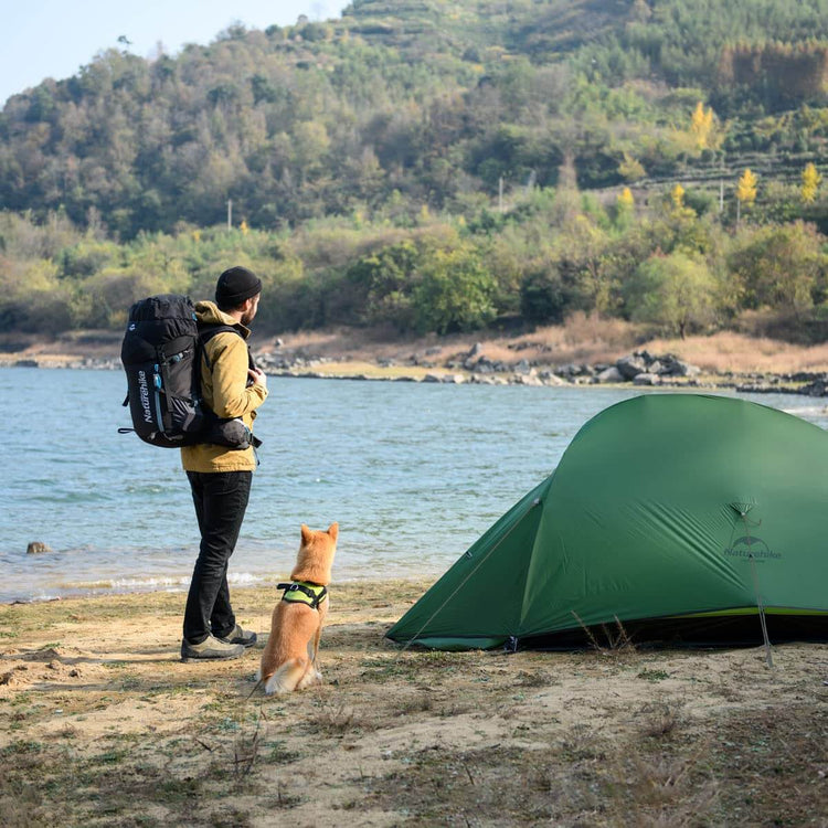 Backpacking Tents collection featuring a camper and dog by a green tent near a lake. Adventure Travel Gear