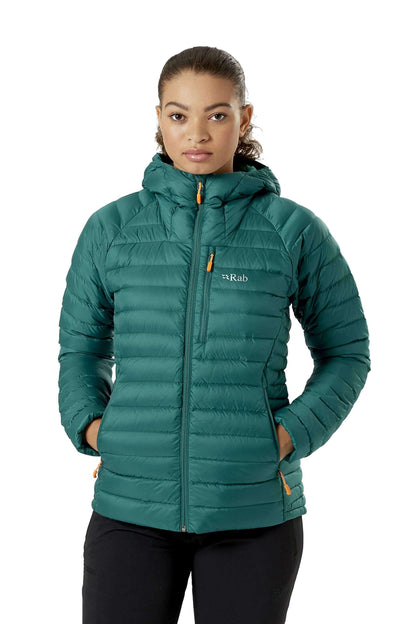 Image of Rab Women's Microlight Alpine 700-Fill Down Hooded Puffer Jacket for Hiking & Skiing, a Puffer Jacket available for $427.75 Buy now and save at Adventure Travel Gear