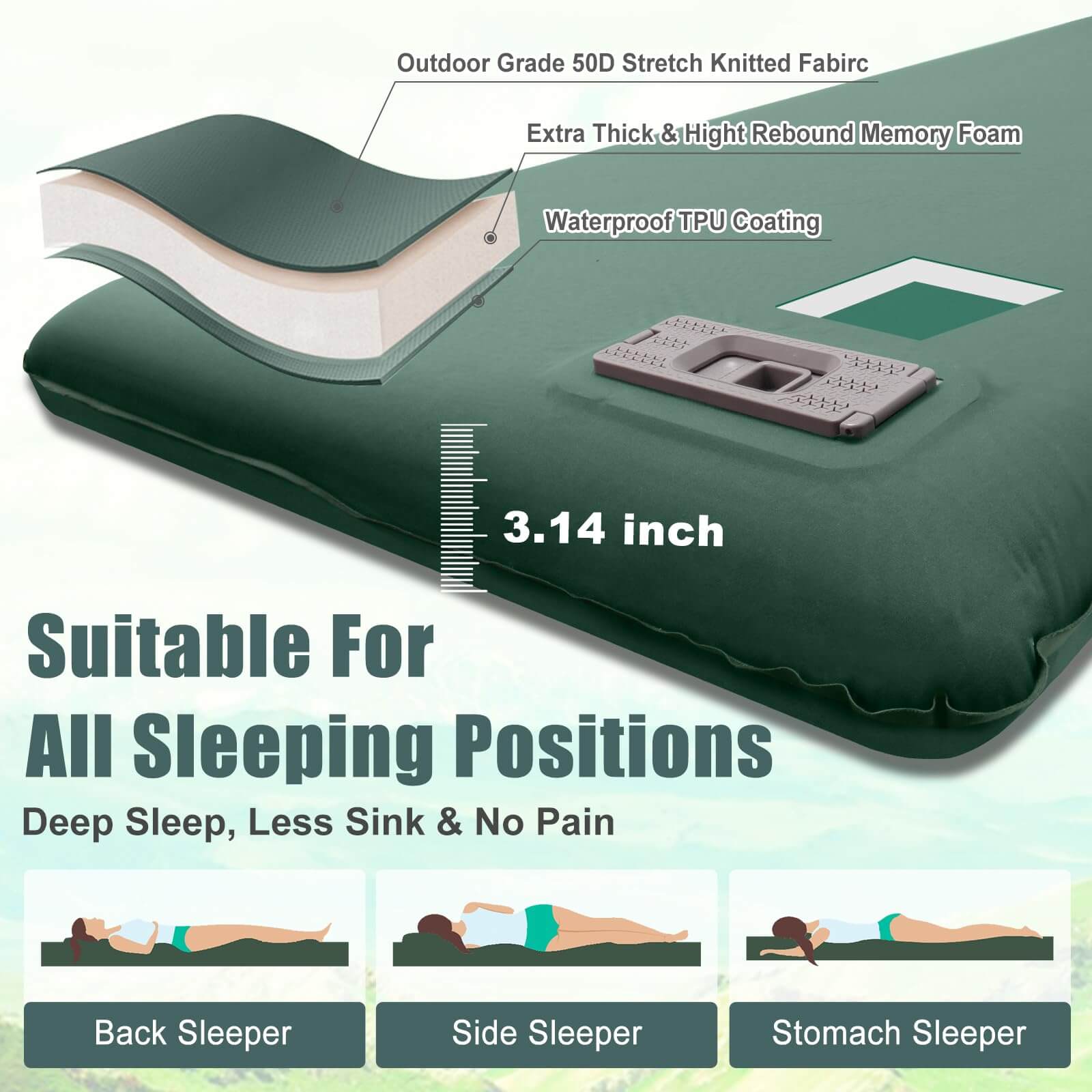 Image of Self Inflating Sleeping Pad with Electric Pump, 3.14" Ultra-Thick, a Sleeping Pad available for $115.99 Buy now and save at Adventure Travel Gear