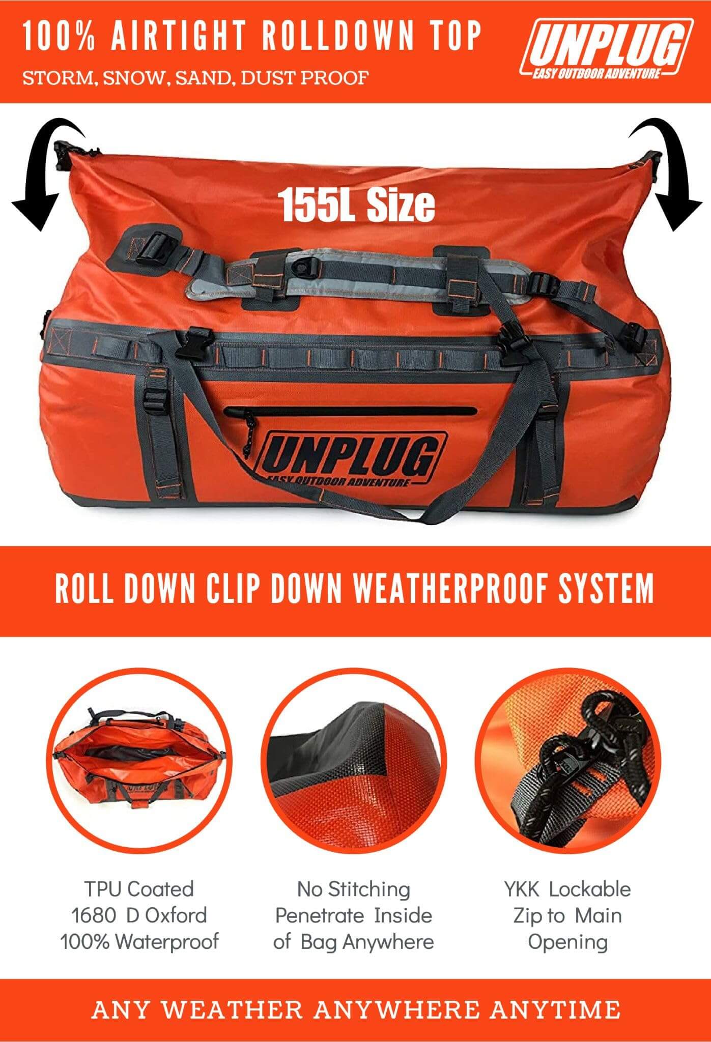 Image of UNPLUG Ultimate Adventure Bag -1680D Heavy Duty Waterproof Travel Duffel Bags, a Duffel Bag available for $231.99 Buy now and save at Adventure Travel Gear