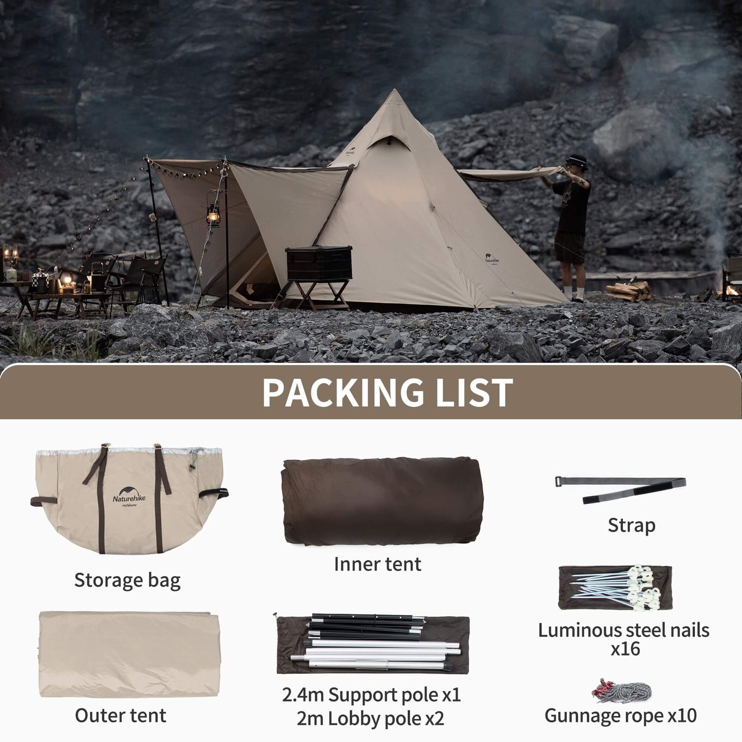 Image of Naturehike Ranch 4 Person Teepee Tent, 4 Season Tent with Snow Skirt, a Tent available for $346.84 Buy now and save at Adventure Travel Gear