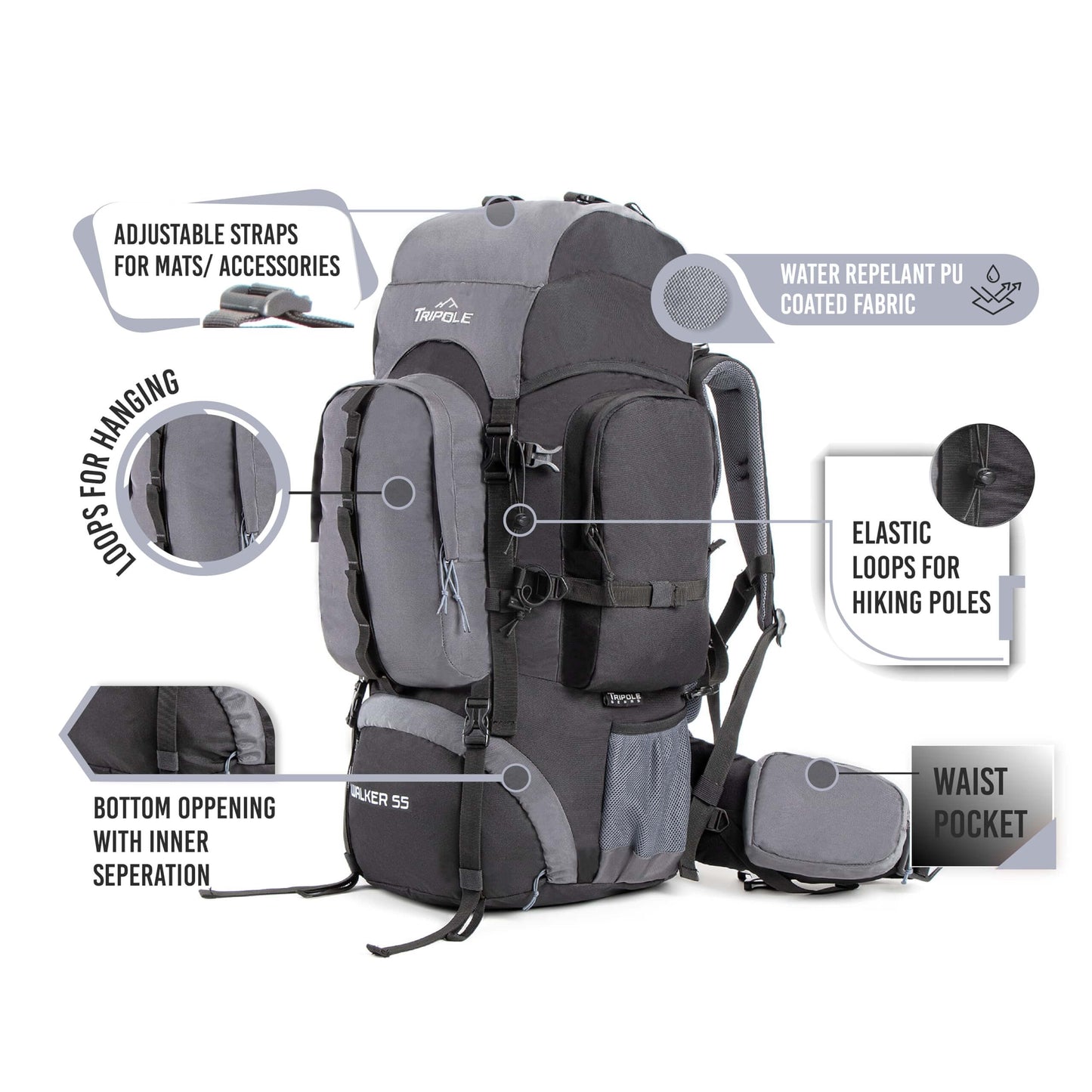 Image of Tripole Walker 65 Litres Rucksack Internal Frame, a backpack available for $94.25 Buy now and save at Adventure Travel Gear