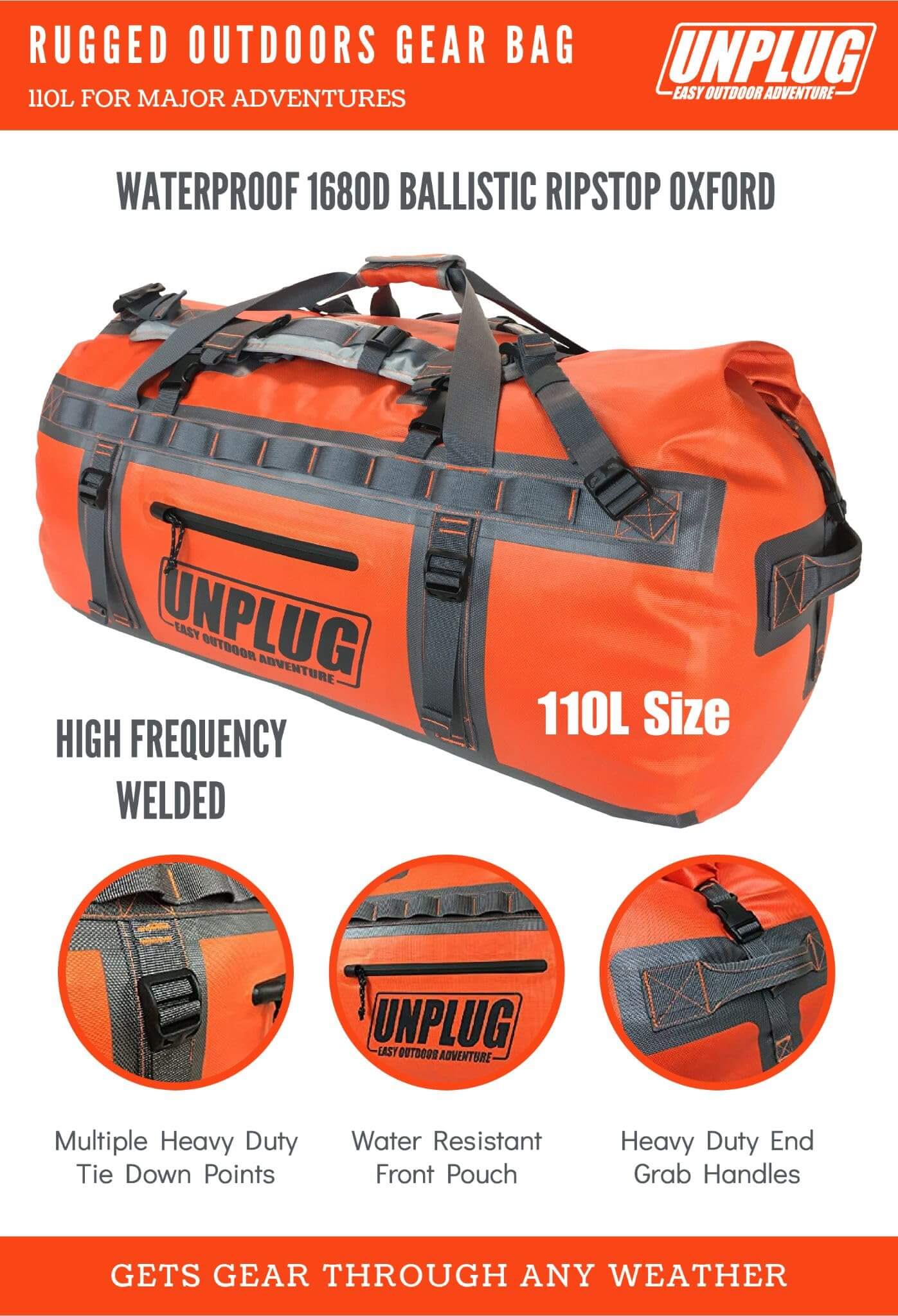 Image of UNPLUG Ultimate Adventure Bag -1680D Heavy Duty Waterproof Travel Duffel Bags, a Duffel Bag available for $231.99 Buy now and save at Adventure Travel Gear